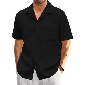 NEW Mens Waffle Button Down Short Sleeve Loose Fit Cuban Shirt S
